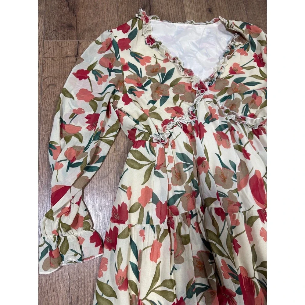 Floral Chiffon Tiered Maxi Dress Long Sleeve Ruffle V-Neck Cream Red Large